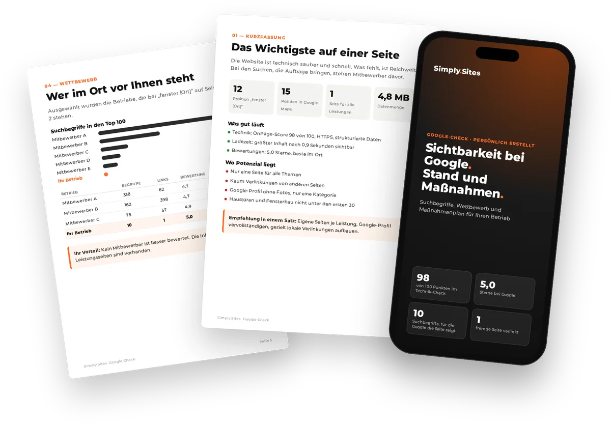 Der Google-Check als PDF: Kurzfassung, Wettbewerbsvergleich und Ergebnis auf dem Smartphone