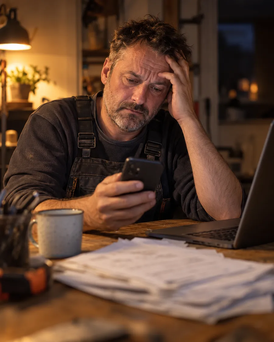 Handwerksmeister sitzt abends nachdenklich mit dem Handy am Schreibtisch