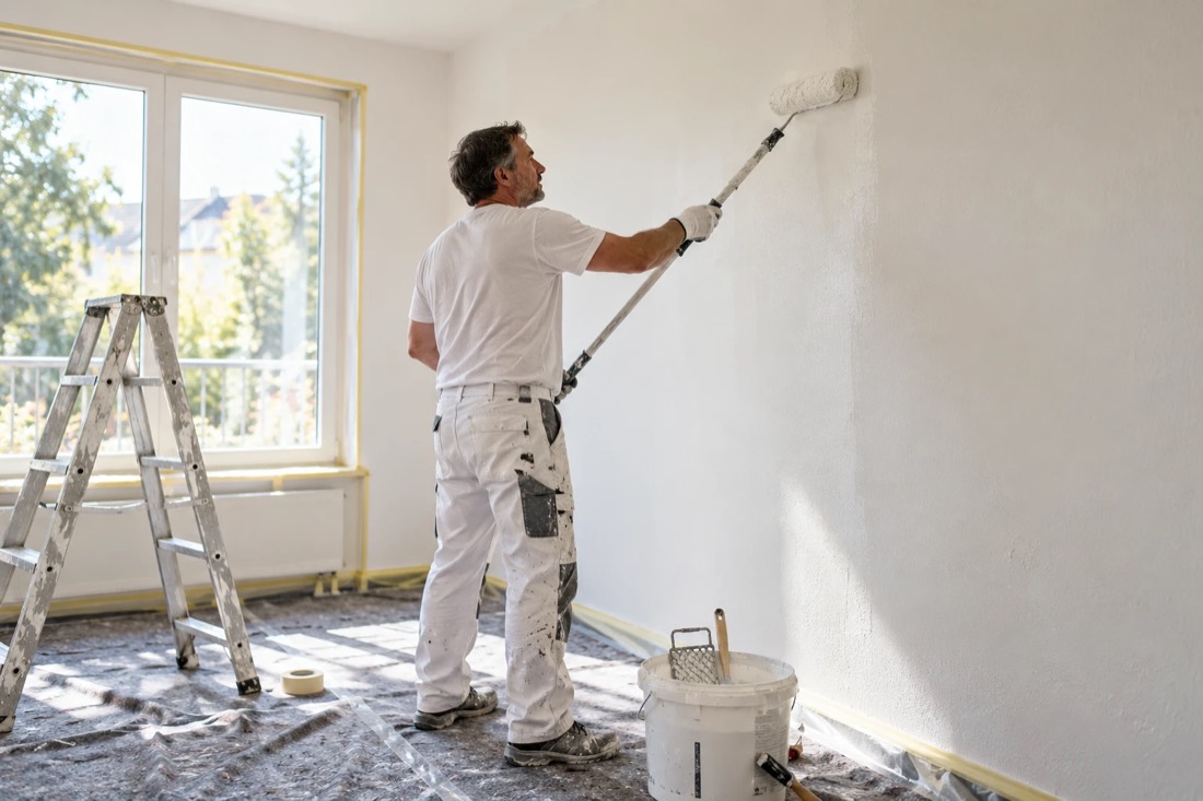 Maler streicht eine Wand in einem hellen Raum